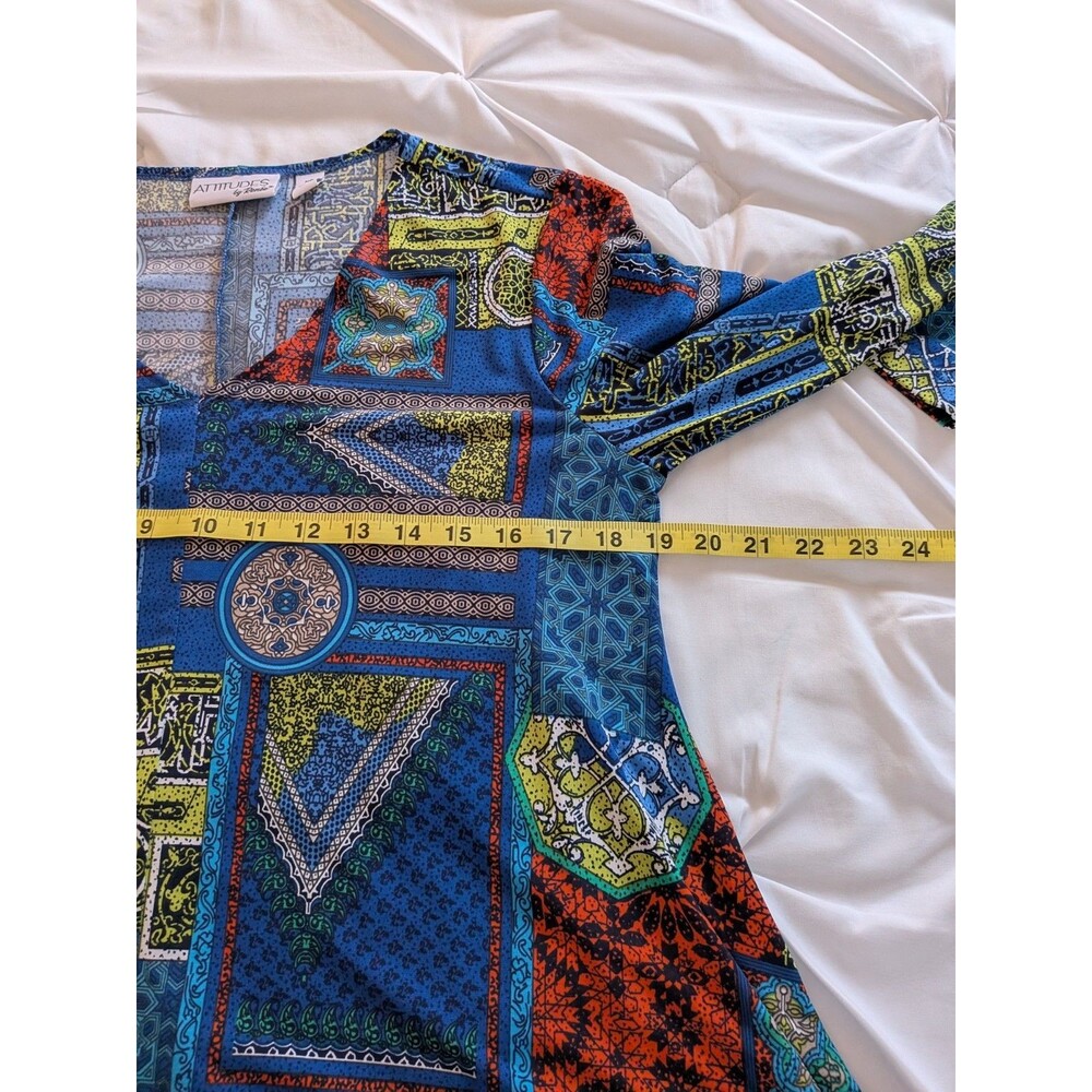 Attitudes by Renee Top Women MP Aztec Blue Orange Abstract Art LiquidKnit Blouse - Picture 9 of 10